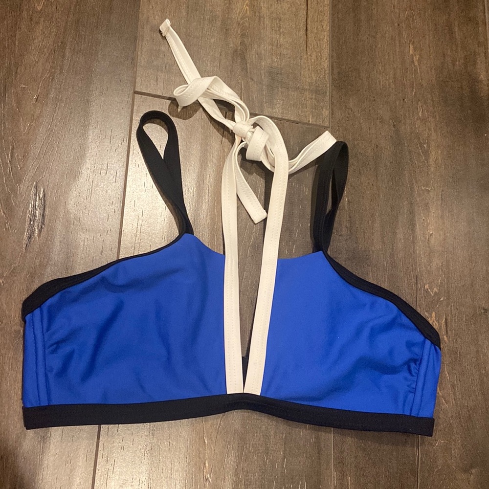 Blue multi-strap swimsuit top! Super cute with black bottoms